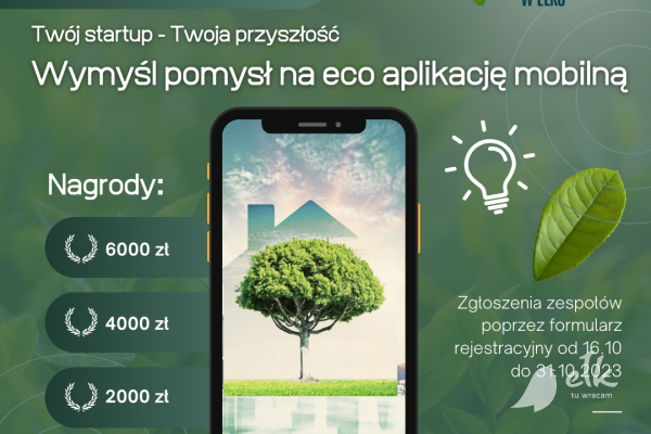 Plakat konkursu Startup, widoczne drzewo na ekranie telefonu komórkowego